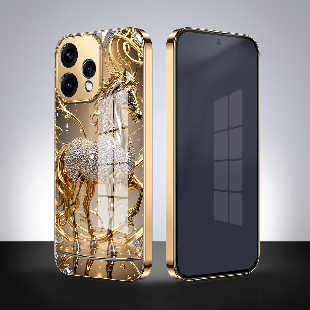 Oppo Reno 15 5G Luxury Horse Texture Gold Electroplated Glass Phone Back Case
