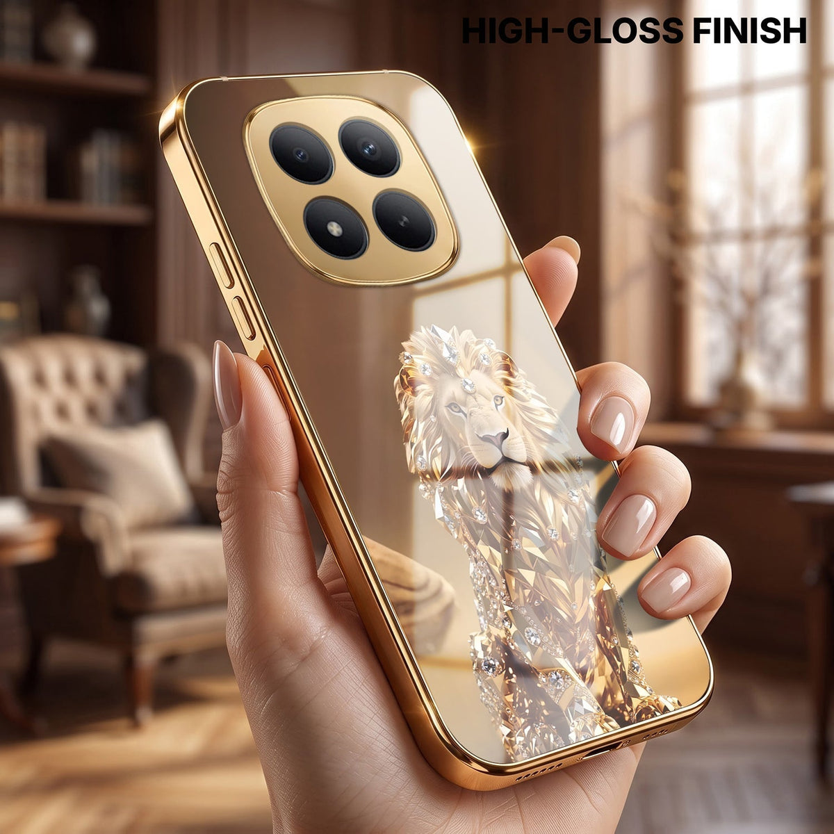 Redmi Note 15 Pro+ 5G Luxury Lion Gold Electroplated Glass Phone Back Case