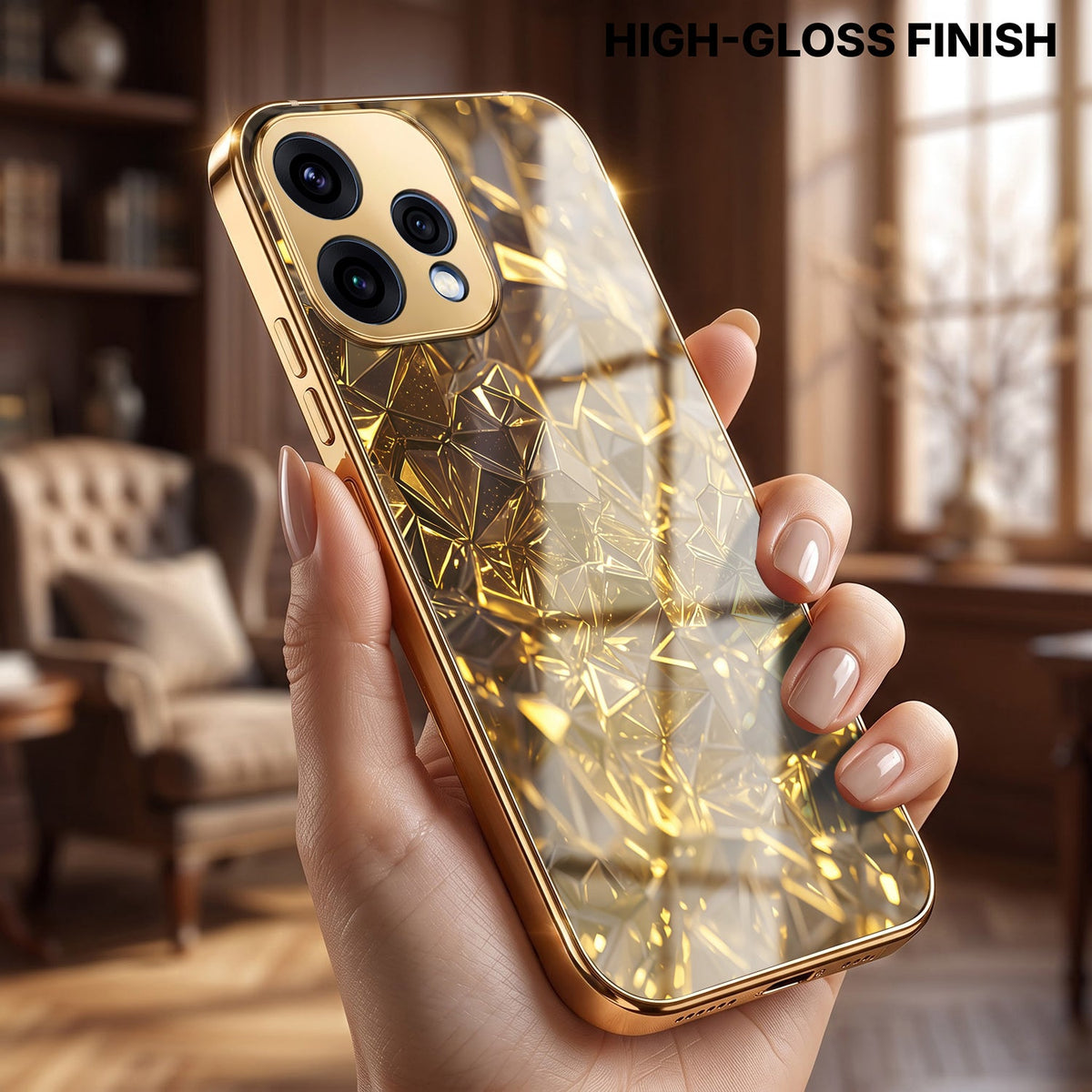 Oppo Reno 15 5G Golden Diamond Shatter Gold Electroplated Glass Phone Back Case