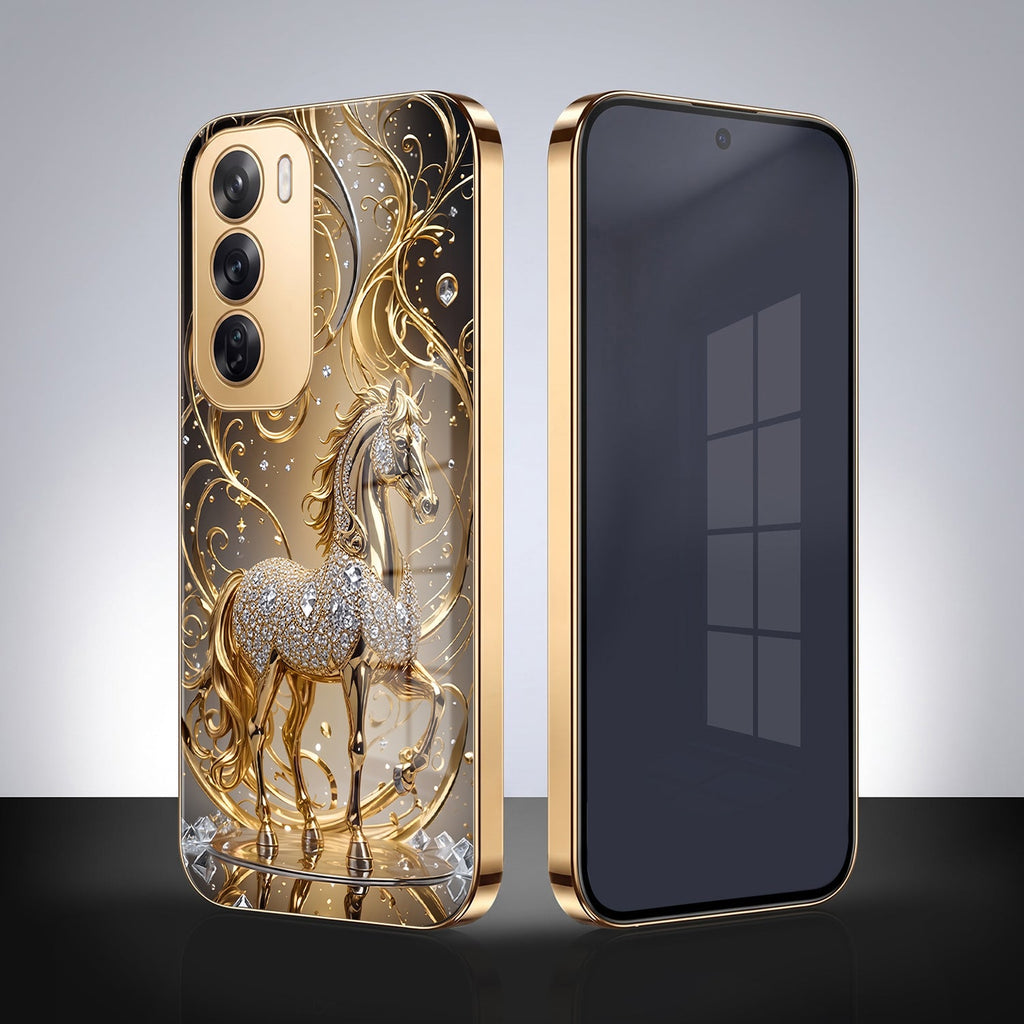 Oppo Reno 12 Pro 5G Luxury Horse Texture Gold Electroplated Glass Phone Back Case