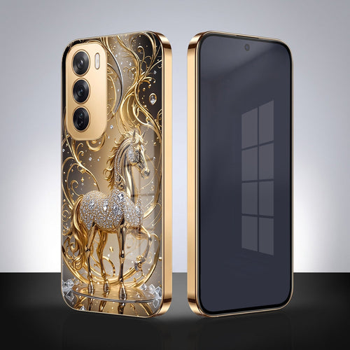 Oppo Reno 12 Pro 5G Luxury Horse Texture Gold Electroplated Glass Phone Back Case