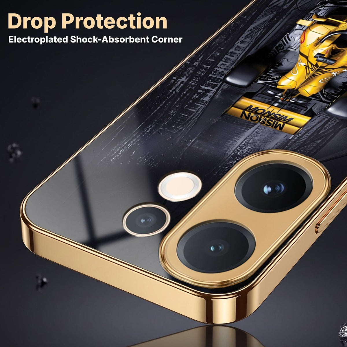 Vivo V60e 5G F1 Racing Car Gold Electroplated Glass Phone Back Case