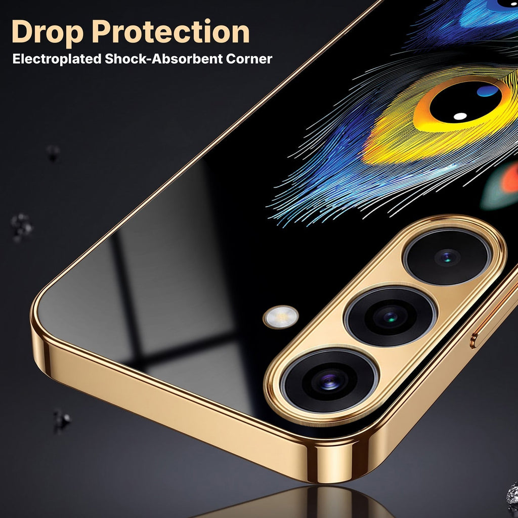 Samsung Galaxy A36 5G Multi-Feather Peacock Gold Electroplated Glass Phone Back Case
