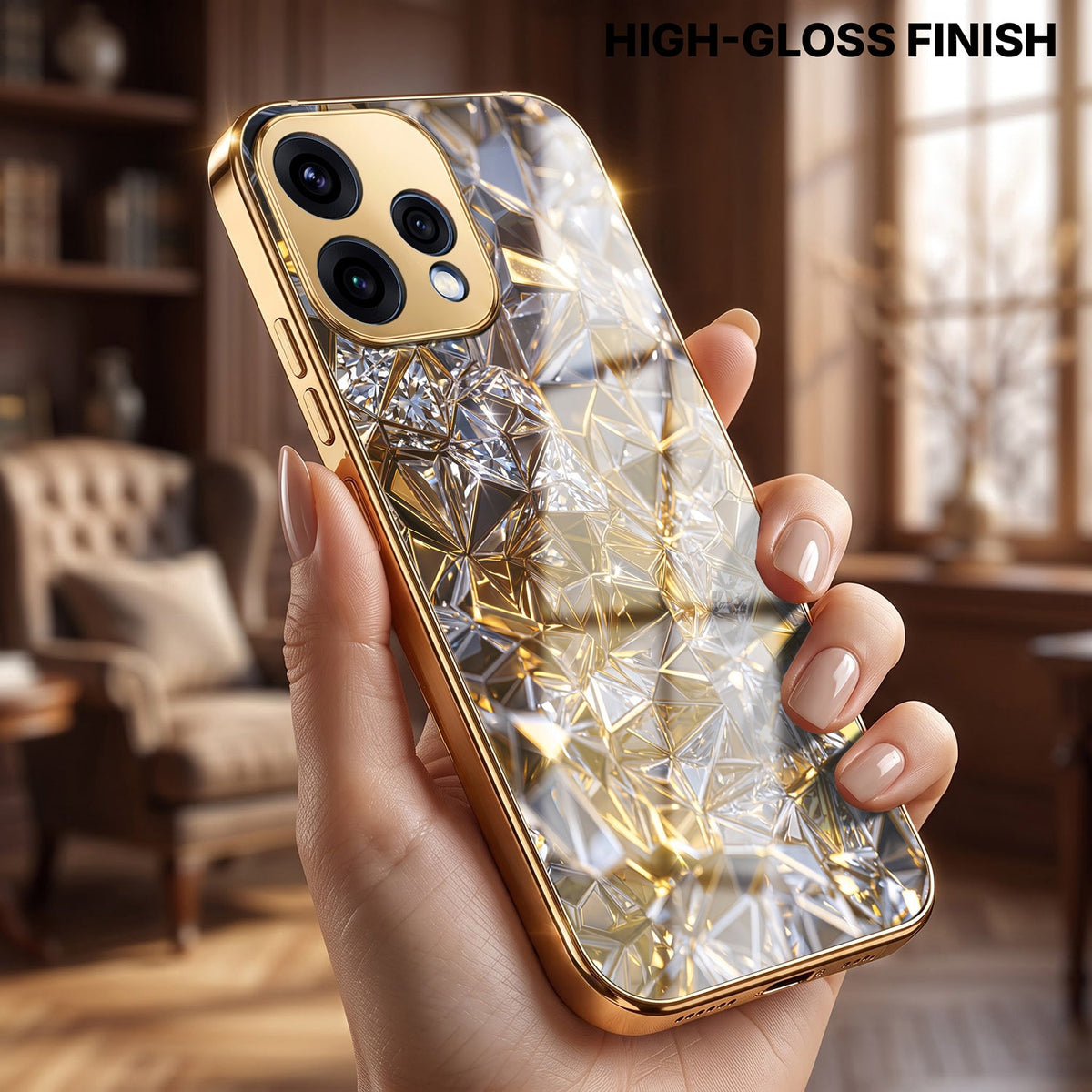 Oppo Reno 15 5G White Diamond Shatter Gold Electroplated Glass Phone Back Case