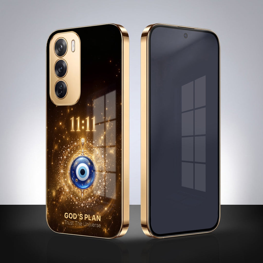 Oppo Reno 12 Pro 5G God’s Plan Evil Eye Gold Electroplated Glass Phone Back Case