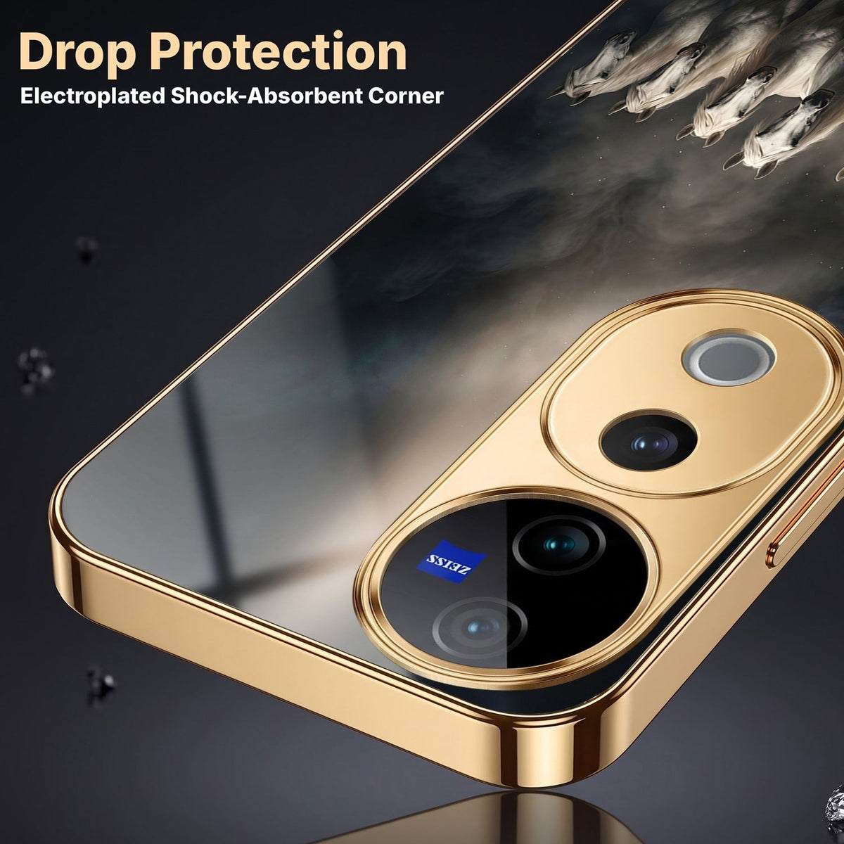 Vivo V40 Pro 5G Running Horses Gold Electroplated Glass Phone Back Case