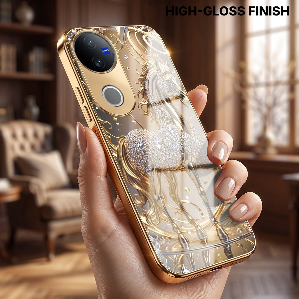 Vivo T4R 5G Luxury Horse Texture Gold Electroplated Glass Phone Back Case