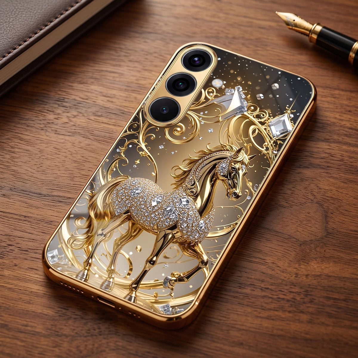 Samsung Galaxy A56 5G Luxury Horse Texture Gold Electroplated Glass Phone Back Case