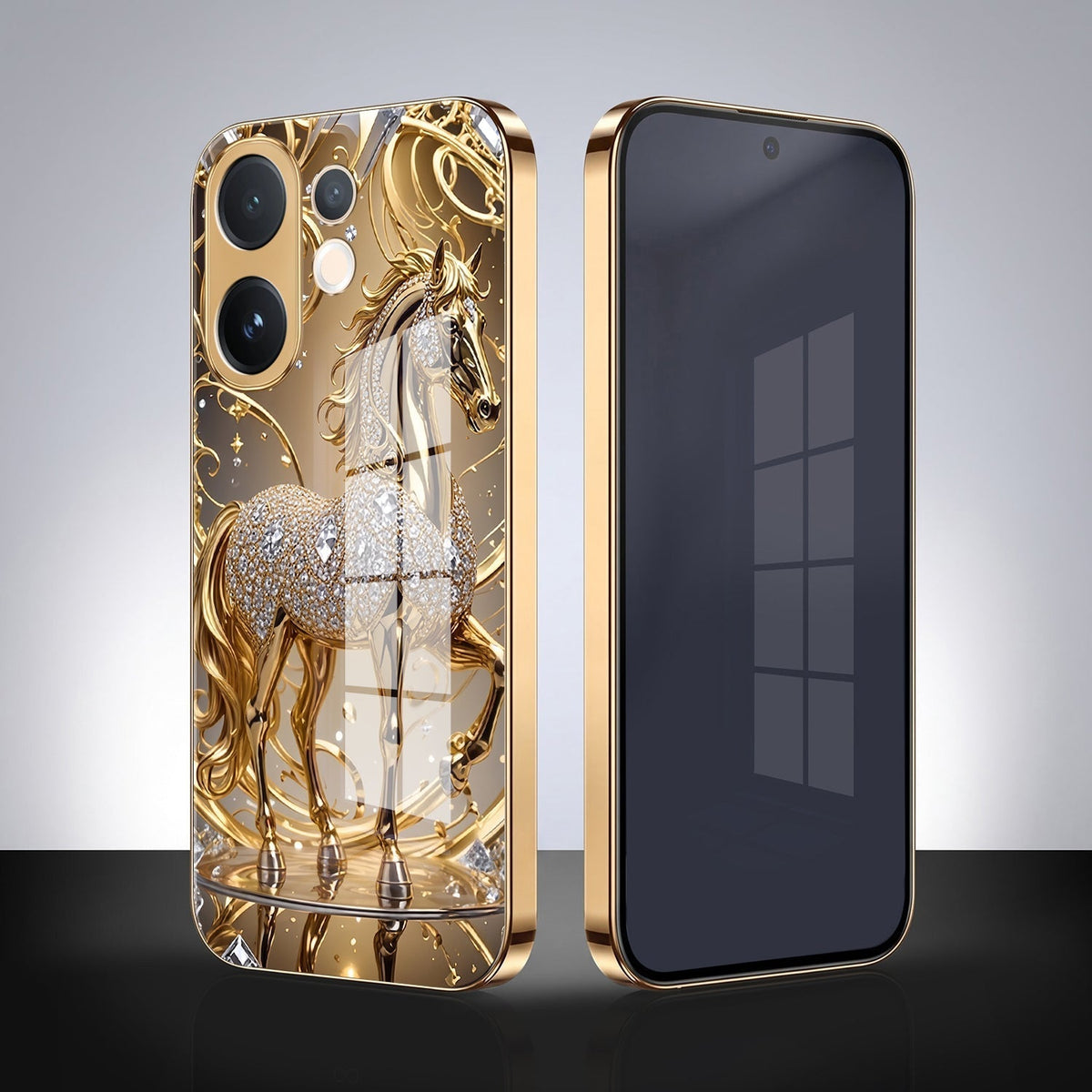 Vivo V60e 5G Luxury Horse Texture Gold Electroplated Glass Phone Back Case