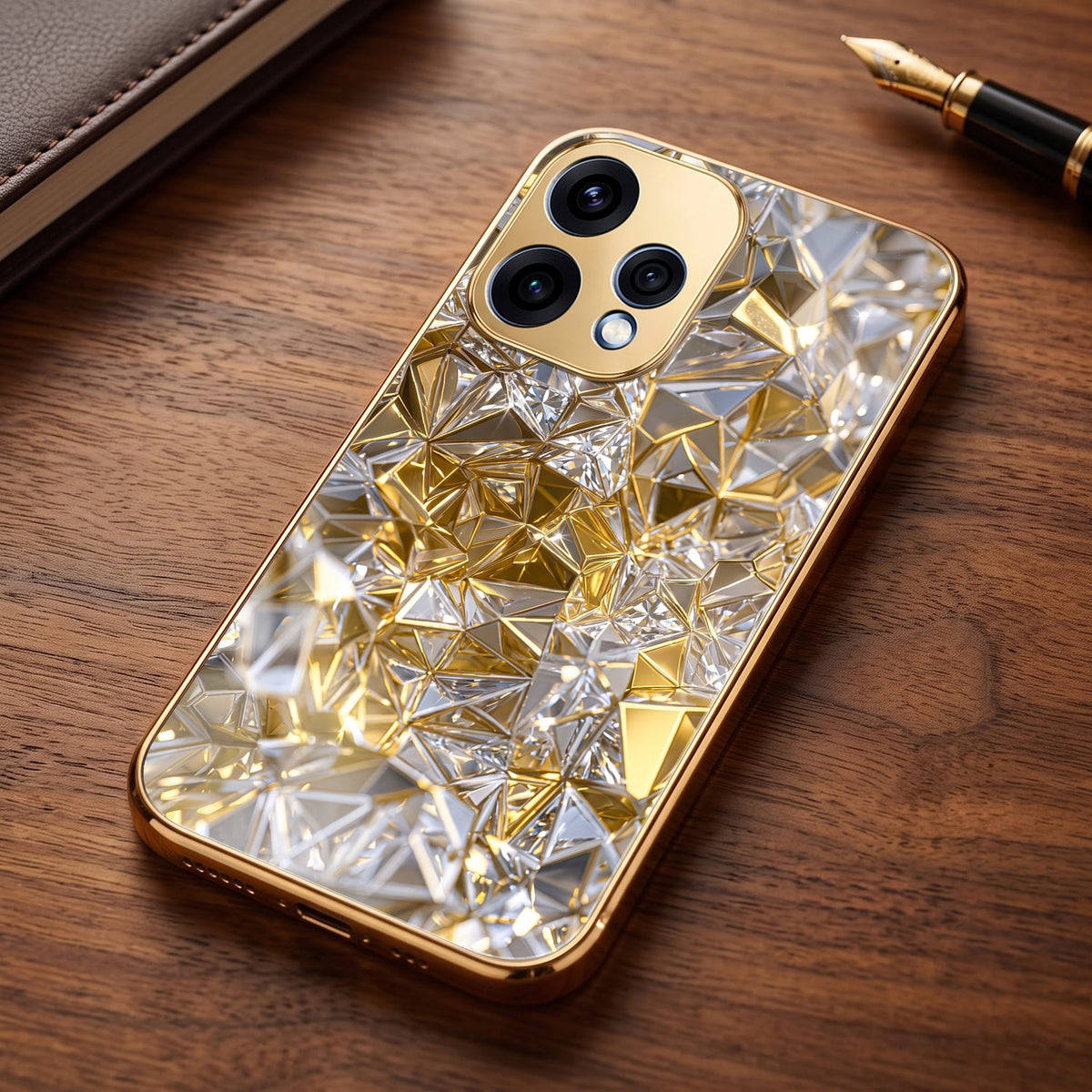 Oppo Reno 15 5G White Diamond Shatter Gold Electroplated Glass Phone Back Case
