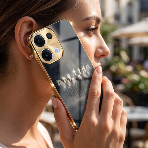 Oppo Reno 13 5G Running Horses Gold Electroplated Glass Phone Back Case