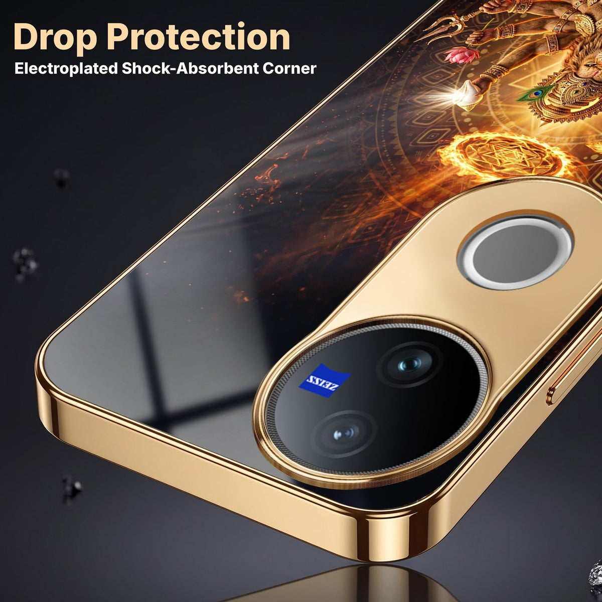 Vivo T4R 5G Lord Narasimha Gold Electroplated Glass Phone Back Case