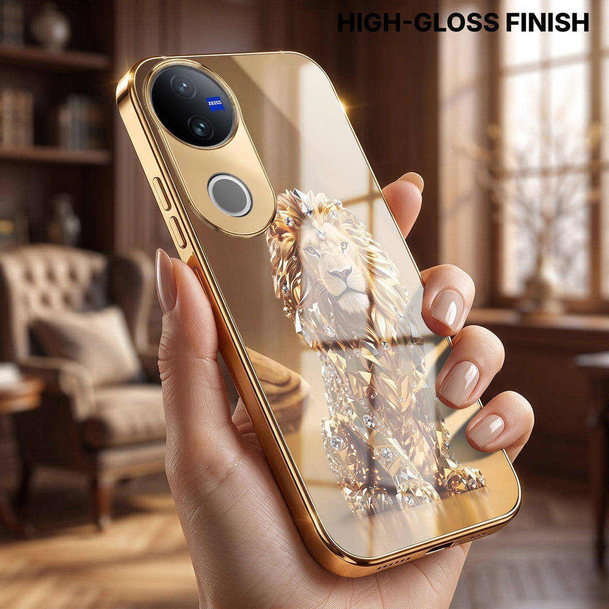 Vivo T4R 5G Luxury Lion Gold Electroplated Glass Phone Back Case