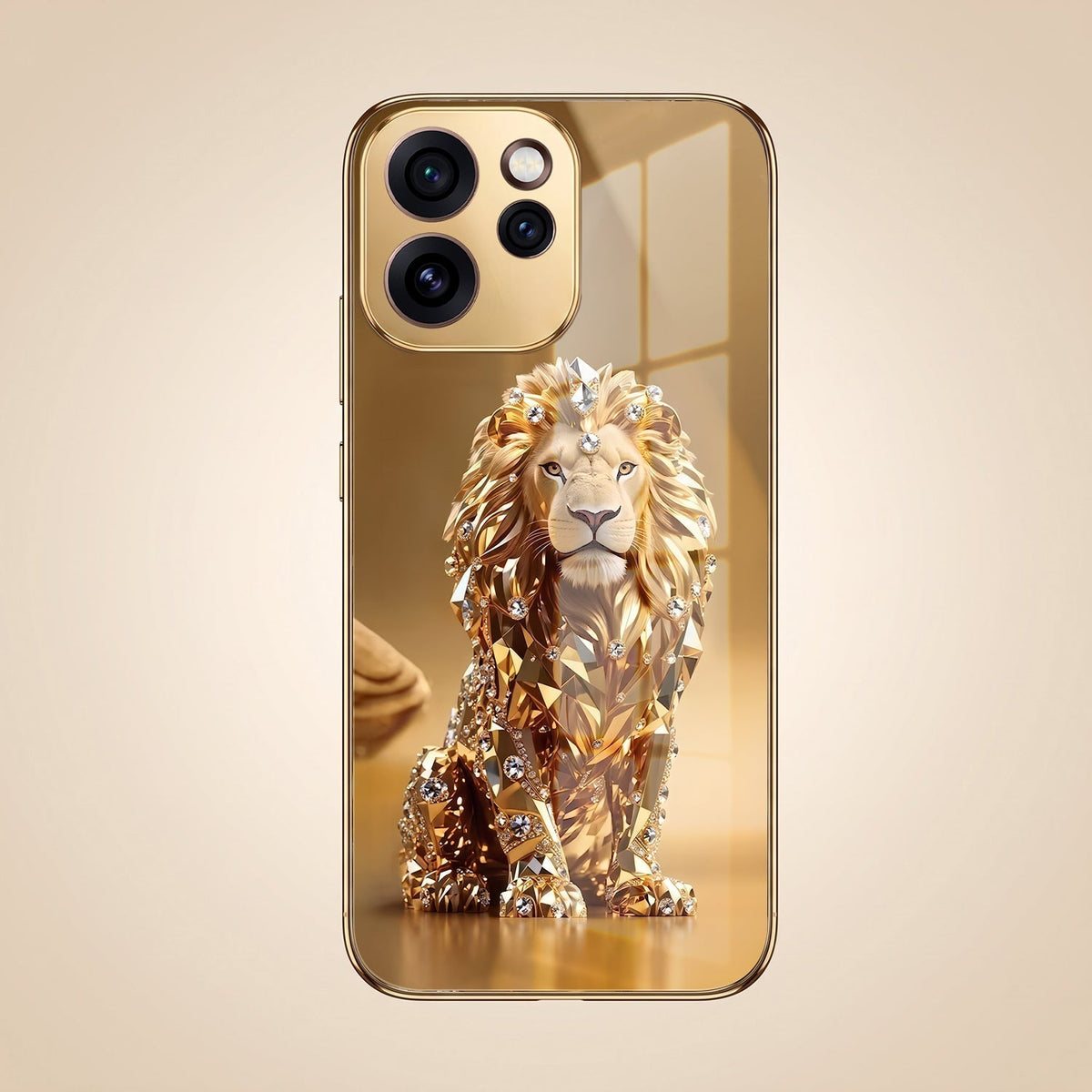 Oppo Reno 15 Pro Mini 5G Luxury Lion Gold Electroplated Glass Phone Back Case
