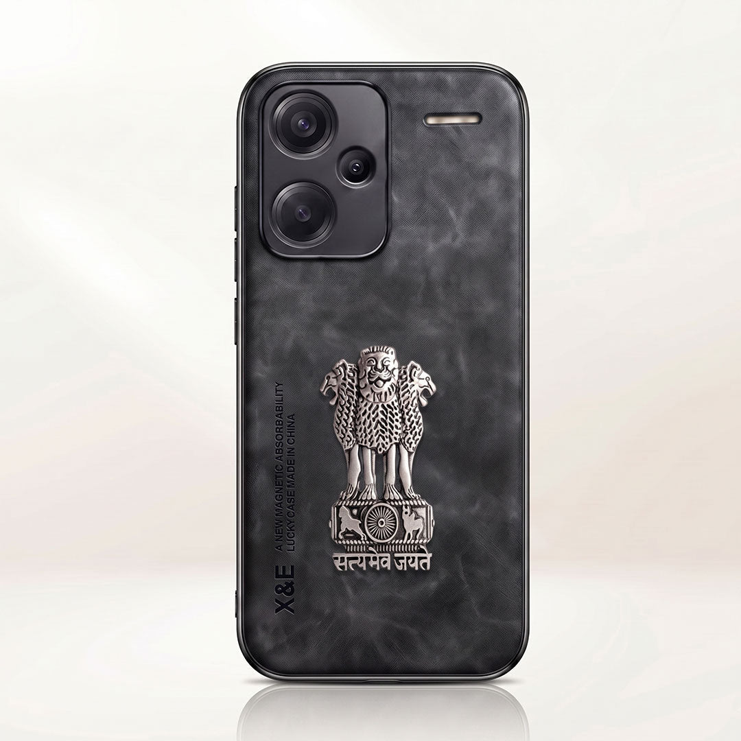 Redmi Note 13 Pro+ 5G Metal Emblem Satyamev Jayate Comfortable Sheepskin Phone Case