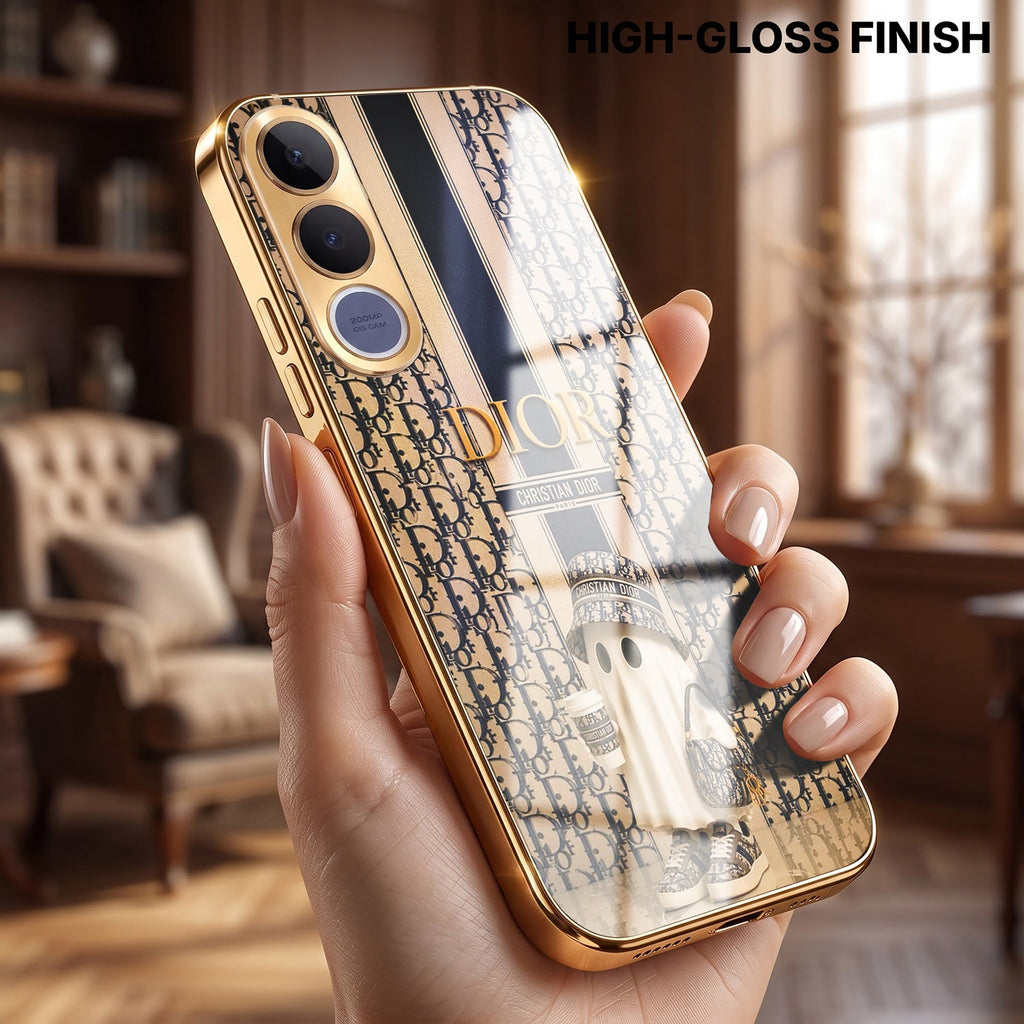 Vivo V70 FE 5G Luxury Dior Gold Electroplated Glass Phone Back Case