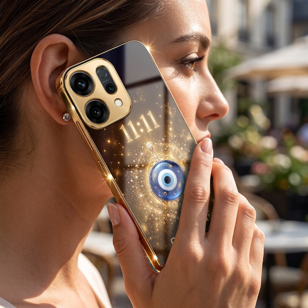 Oppo Reno 14 5G God’s Plan Evil Eye Gold Electroplated Glass Phone Back Case