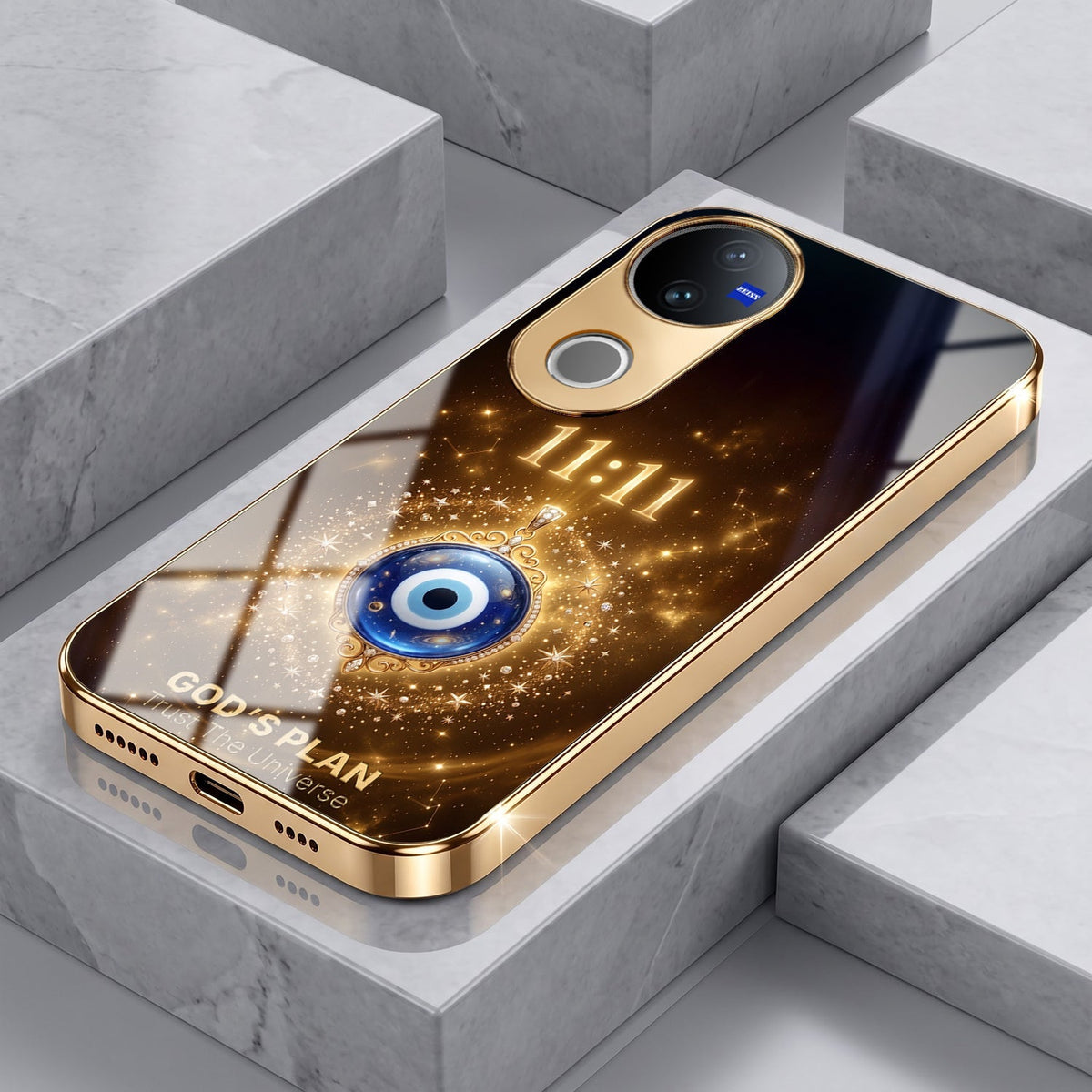 Vivo T4R 5G God’s Plan Evil Eye Gold Electroplated Glass Phone Back Case