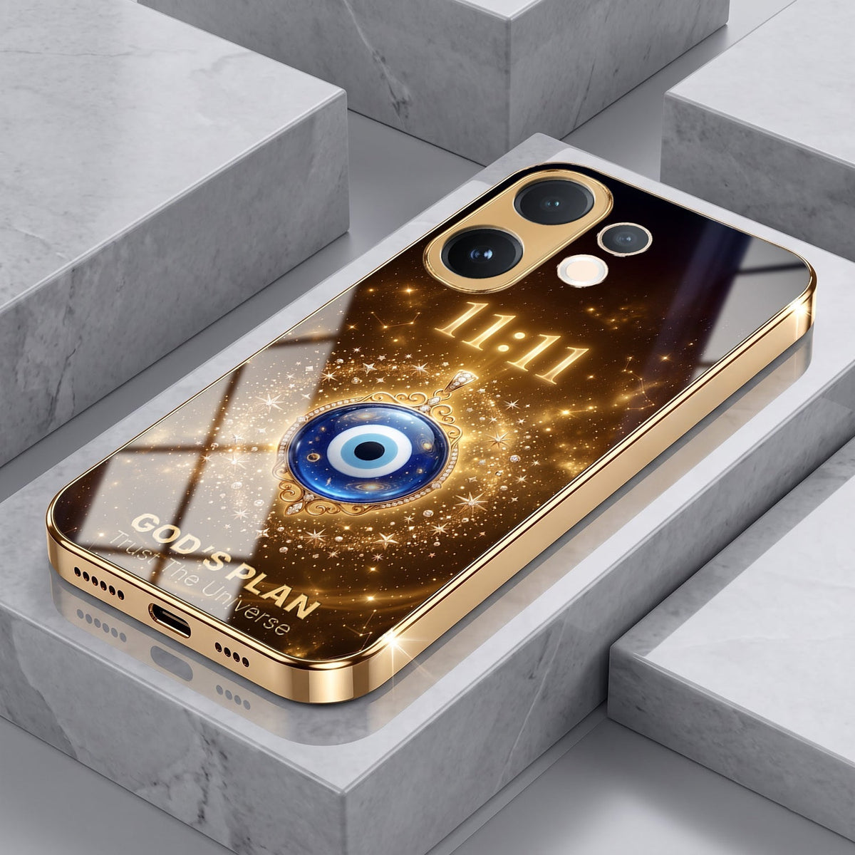 Vivo T4 Pro 5G God’s Plan Evil Eye Gold Electroplated Glass Phone Back Case