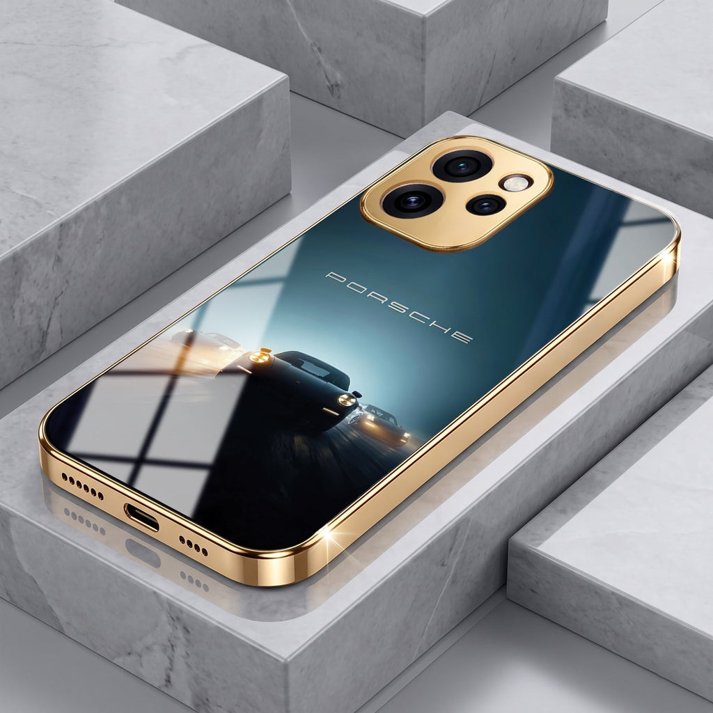 Oppo Reno 15 Pro Mini 5G Porsche Luxury Gold Electroplated Glass Phone Back Case
