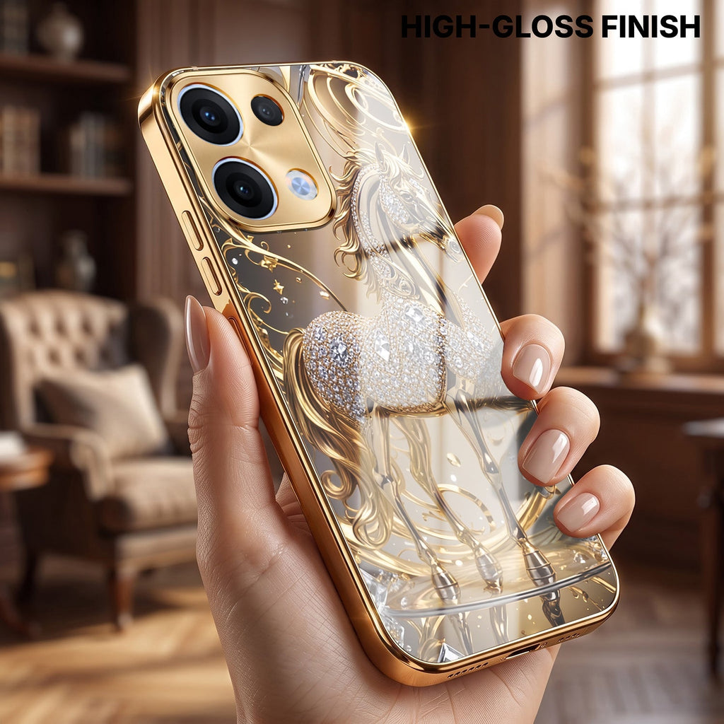 Oppo Reno 13 5G Luxury Horse Texture Gold Electroplated Glass Phone Back Case