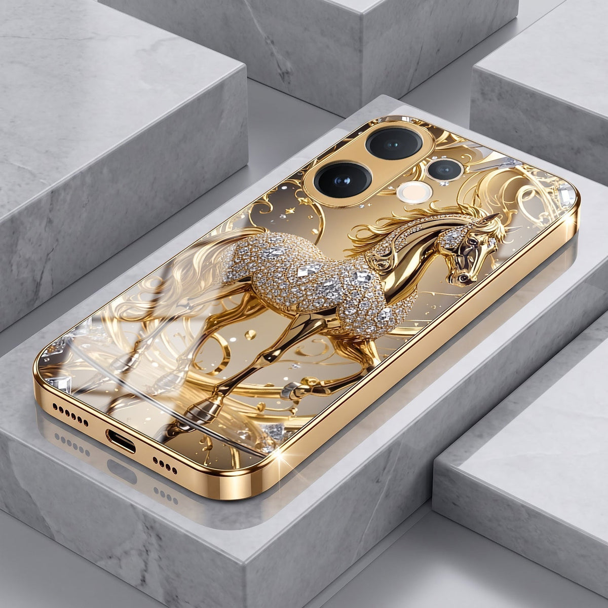 Vivo V60e 5G Luxury Horse Texture Gold Electroplated Glass Phone Back Case