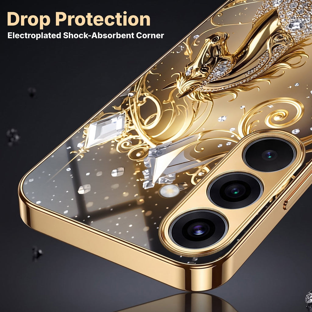 Samsung Galaxy A56 5G Luxury Horse Texture Gold Electroplated Glass Phone Back Case