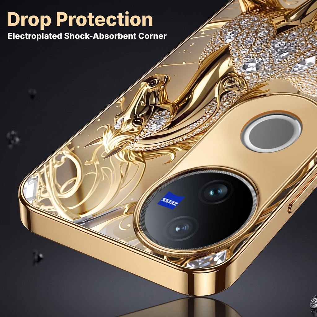 Vivo T4R 5G Luxury Horse Texture Gold Electroplated Glass Phone Back Case