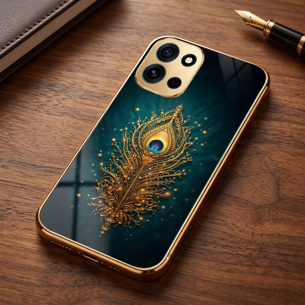 OnePlus Nord 6 5G Golden Peacock Feather Gold Electroplated Glass Phone Back Case