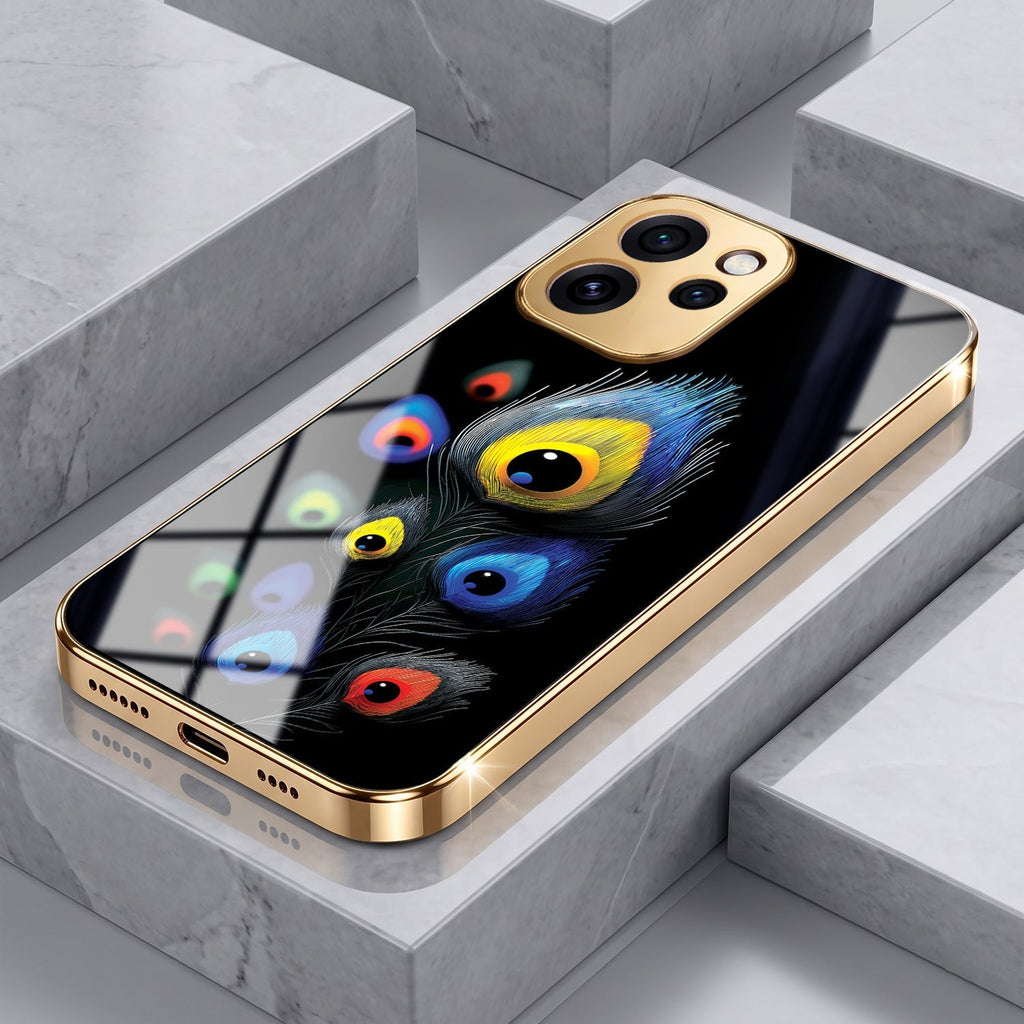 Oppo Reno 15 Pro Mini 5G Multi-Feather Peacock Gold Electroplated Glass Phone Back Case