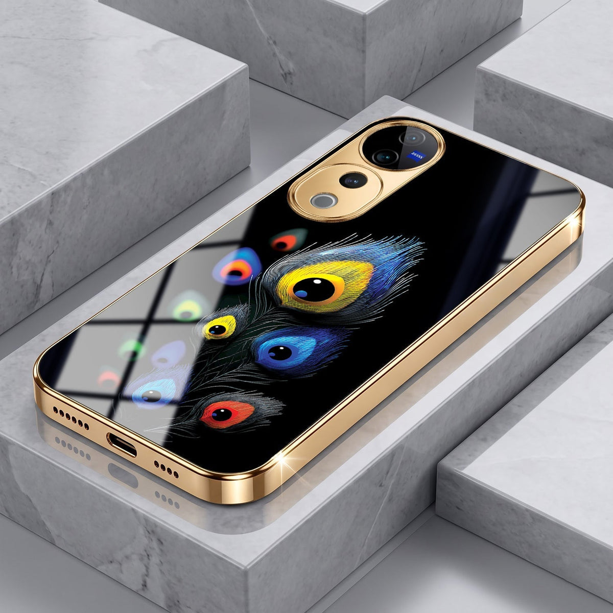 Vivo V40 Pro 5G Multi-Feather Peacock Gold Electroplated Glass Phone Back Case
