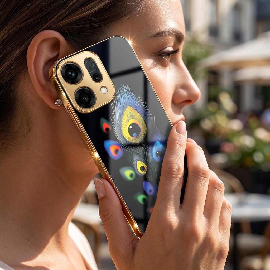 Oppo Reno 14 5G Multi-Feather Peacock Gold Electroplated Glass Phone Back Case