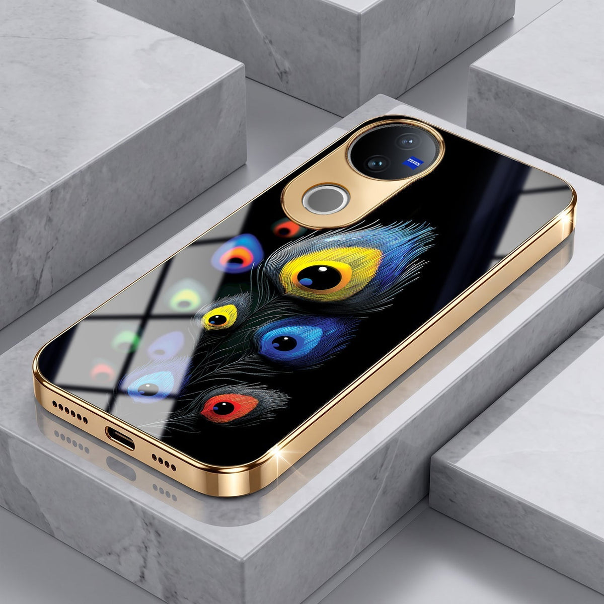 Vivo V50 5G Premium Peacock Feather Gold Electroplated Glass Phone Back Case