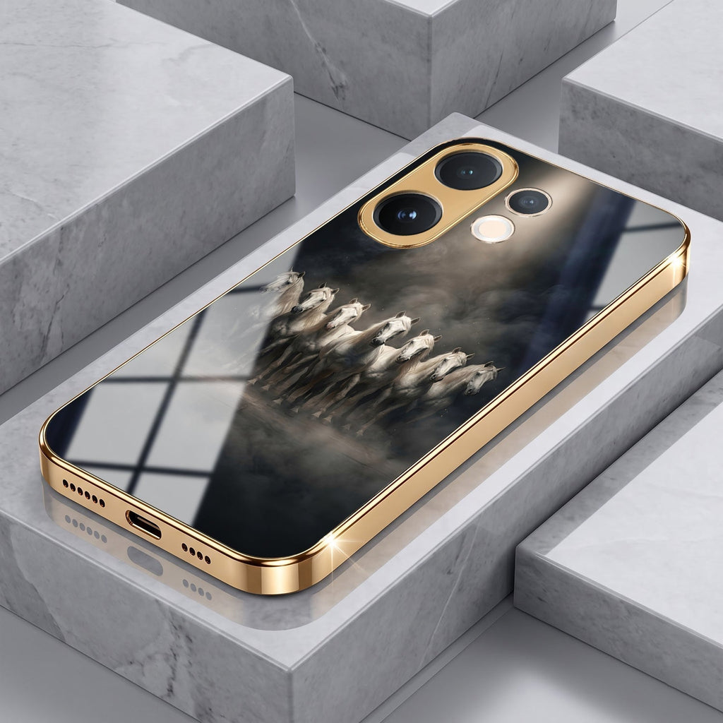 Vivo V60e 5G Running Horses Gold Electroplated Glass Phone Back Case