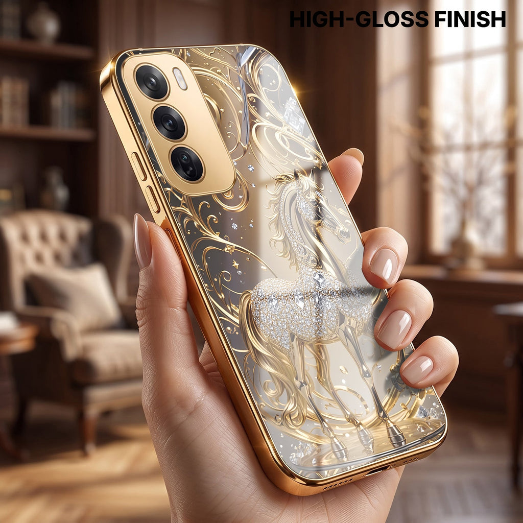 Oppo Reno 12 Pro 5G Luxury Horse Texture Gold Electroplated Glass Phone Back Case