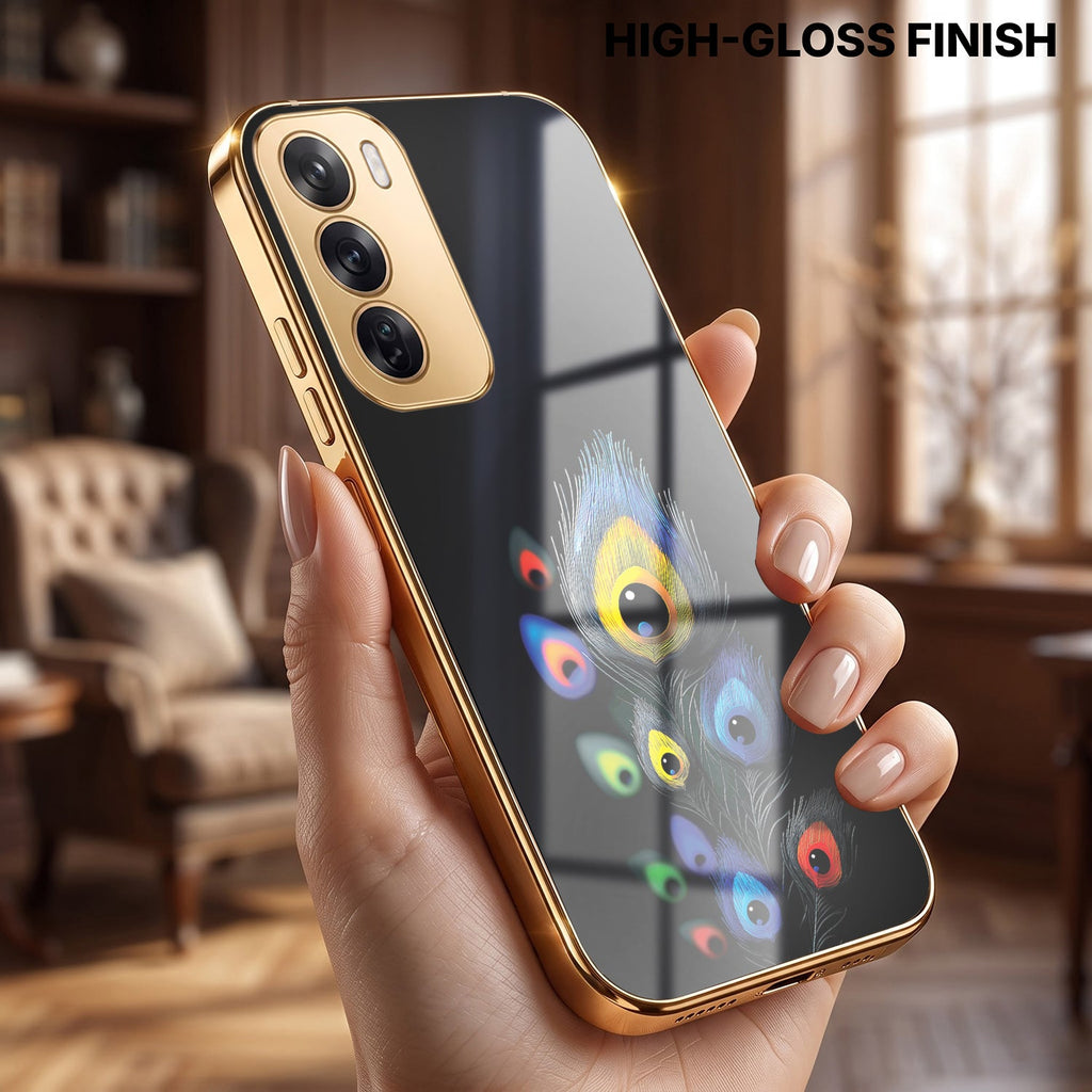 Oppo Reno 12 Pro 5G Multi-Feather Peacock Gold Electroplated Glass Phone Back Case