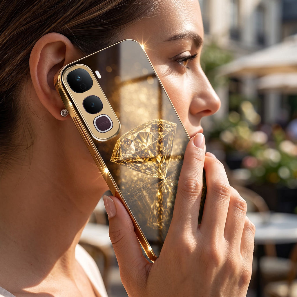 Vivo Y400 Pro 5G Golden Diamond Gold Electroplated Glass Phone Back Case