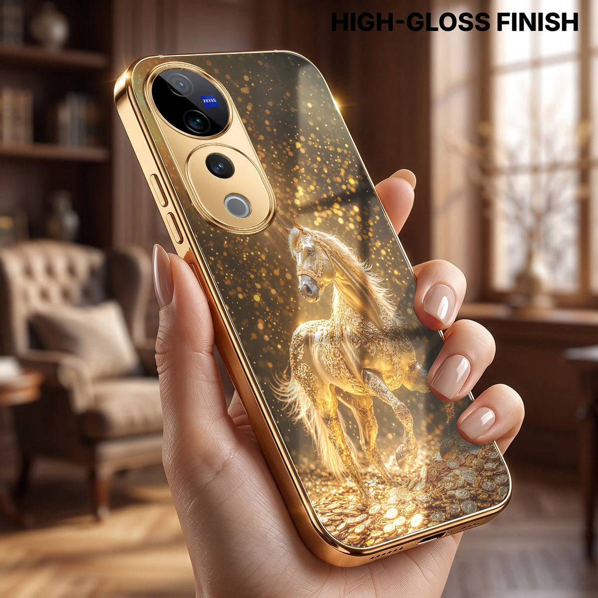 Vivo V40 Pro 5G Golden Horse Sparkle Gold Electroplated Glass Phone Back Case