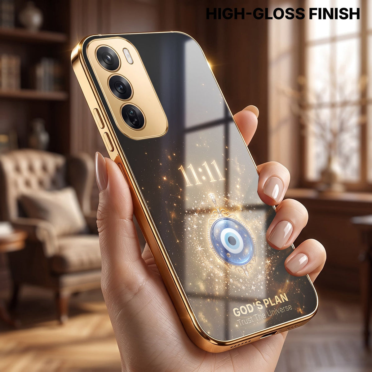 Oppo Reno 12 Pro 5G God’s Plan Evil Eye Gold Electroplated Glass Phone Back Case