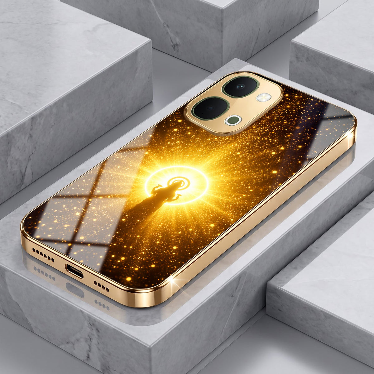 Vivo T5x 5G Lakshmi Sacred Gold Electroplated Glass Phone Back Case