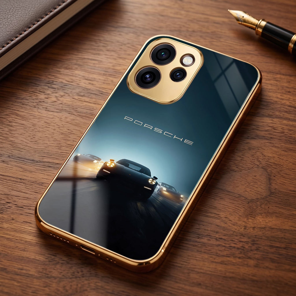 Oppo Reno 15 Pro Mini 5G Porsche Luxury Gold Electroplated Glass Phone Back Case