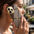 Oppo Reno 15 5G LV Brown Monogram Gold Electroplated Glass Phone Back Case