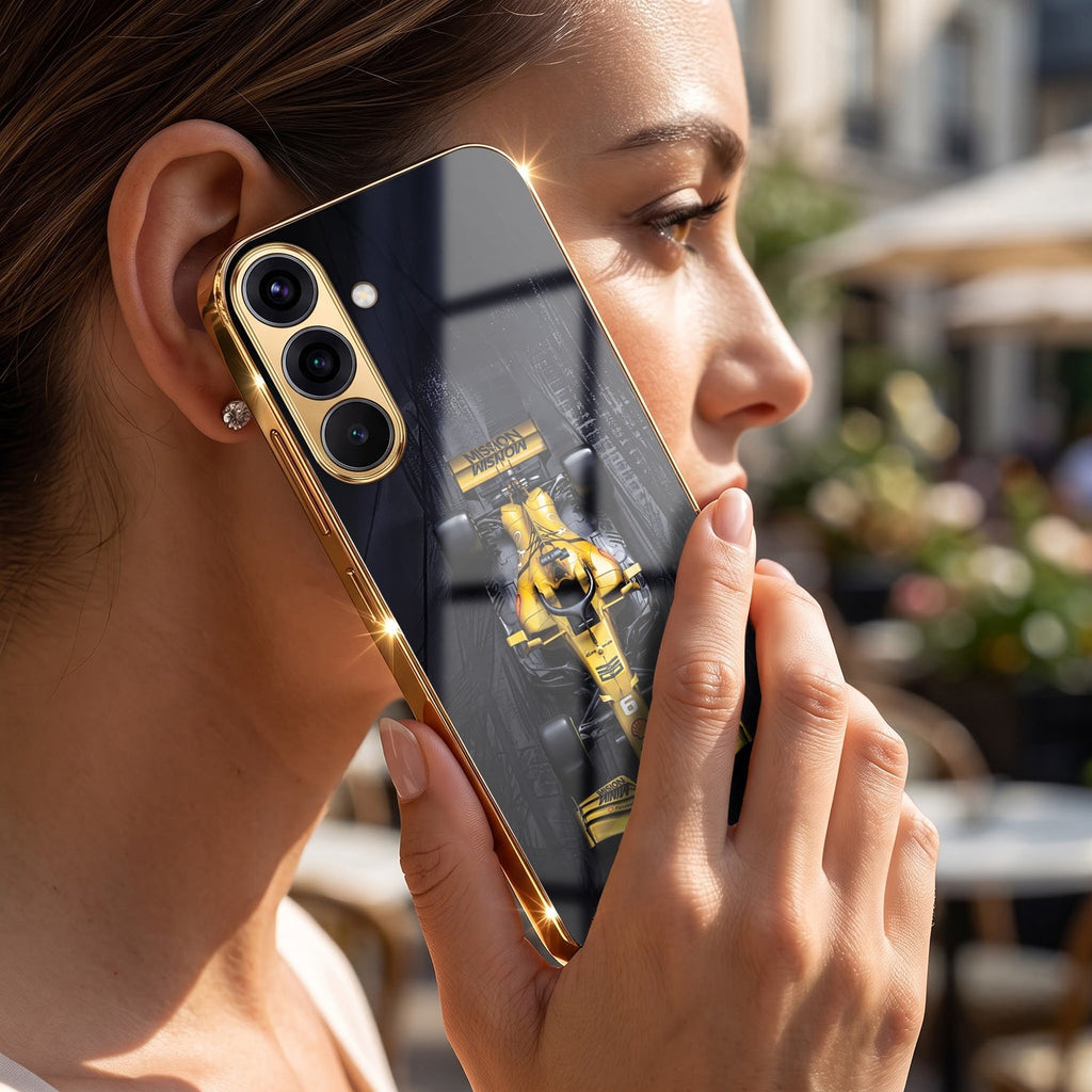 Samsung Galaxy A56 5G F1 Racing Car Gold Electroplated Glass Phone Back Case