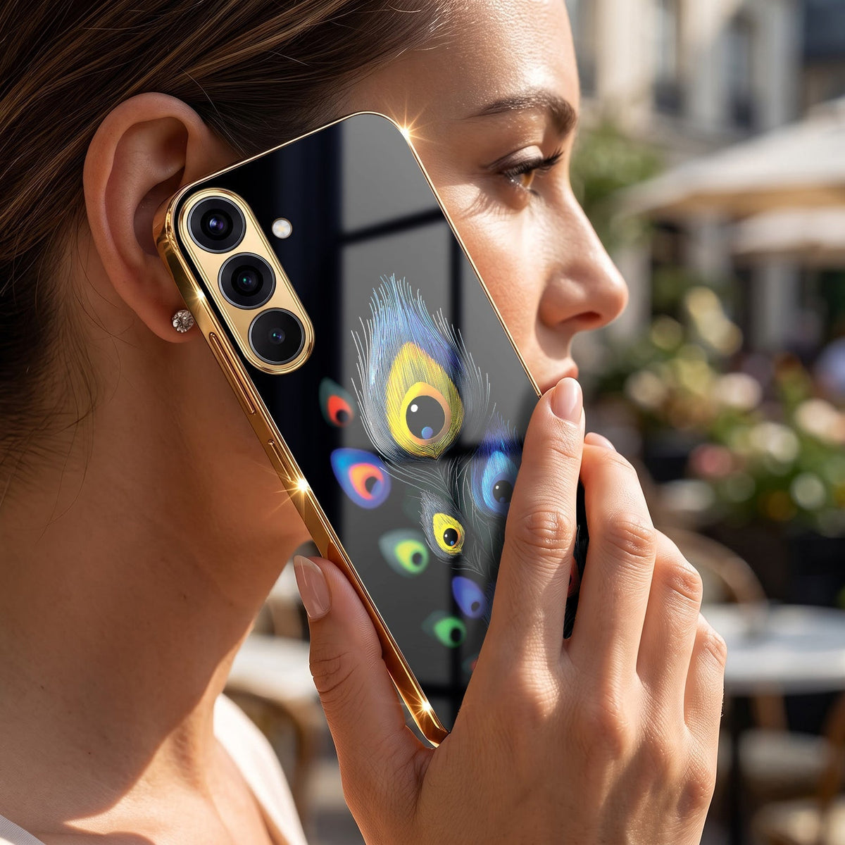 Samsung Galaxy A36 5G Premium Peacock Feather Gold Electroplated Glass Phone Back Case
