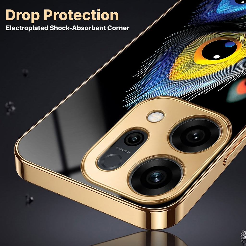 Oppo Reno 14 5G Multi-Feather Peacock Gold Electroplated Glass Phone Back Case
