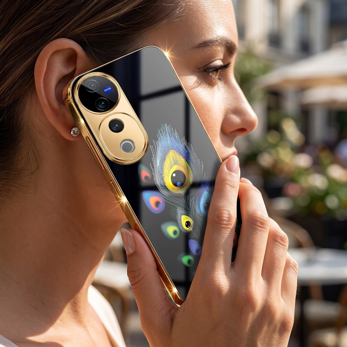 Vivo V40 Pro 5G Multi-Feather Peacock Gold Electroplated Glass Phone Back Case