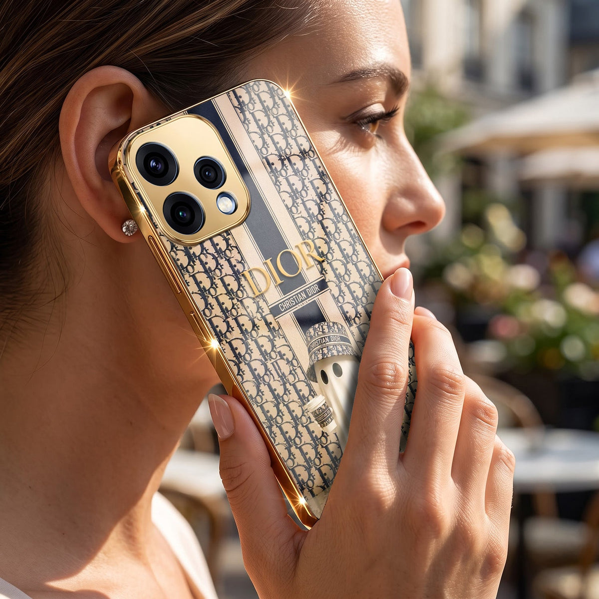 Oppo Reno 15 5G Luxury Dior Gold Electroplated Glass Phone Back Case