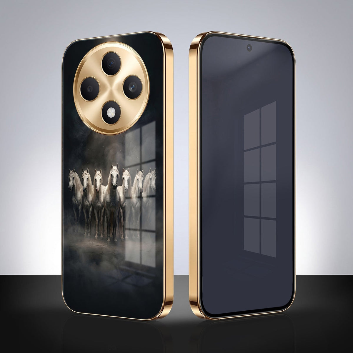 Oppo F27 Pro+ 5G Running Horses Gold Electroplated Glass Phone Back Case