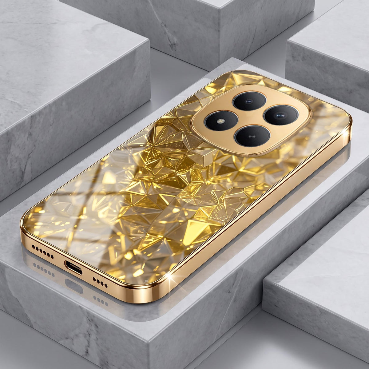 Redmi Note 15 Pro+ 5G Golden Diamond Shatter Gold Electroplated Glass Phone Back Case