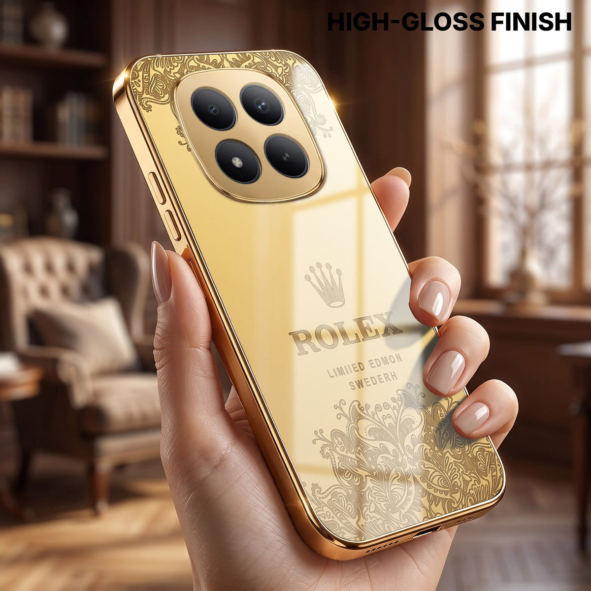 Redmi Note 15 Pro+ 5G Rolex Crown Gold Electroplated Glass Phone Back Case